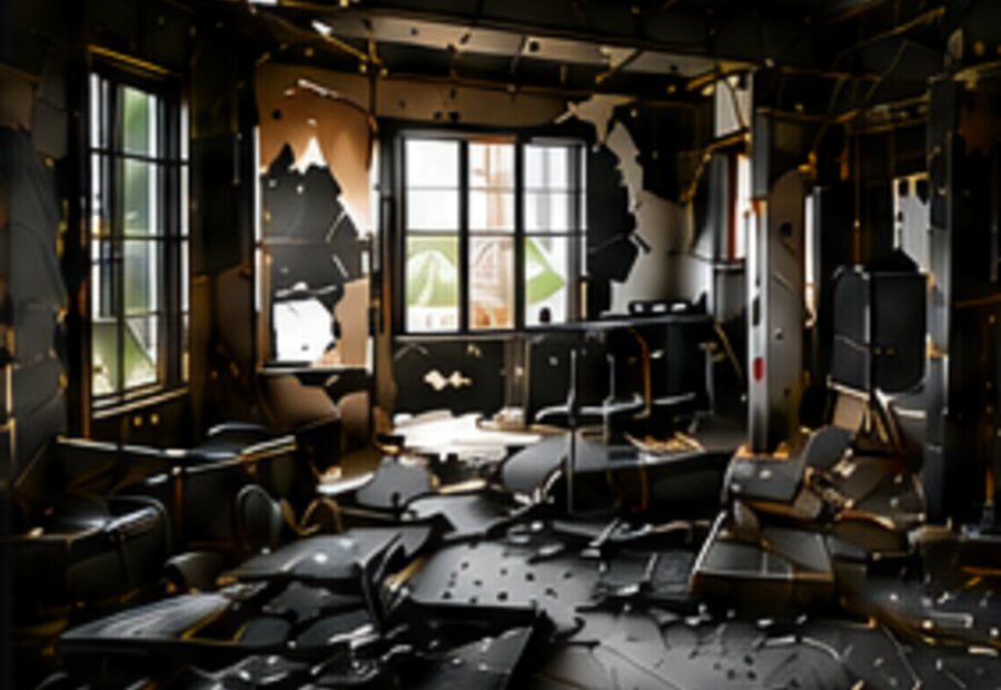 Interior affected by fire and smoke damage