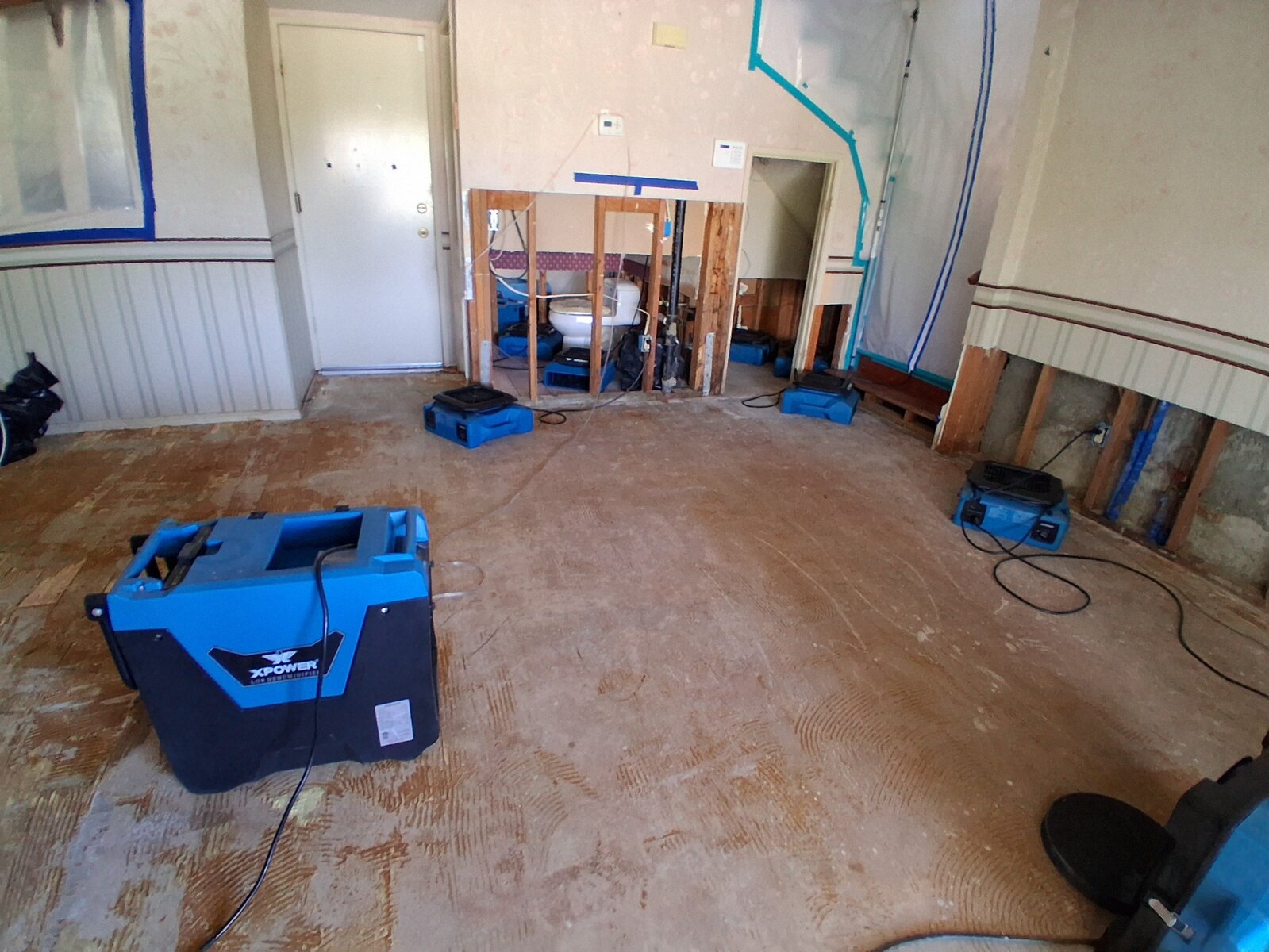 CPR drying equipment operating during a water-damage restoration project