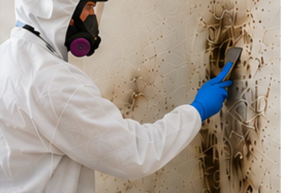 Mold remediation technician treating an affected wall