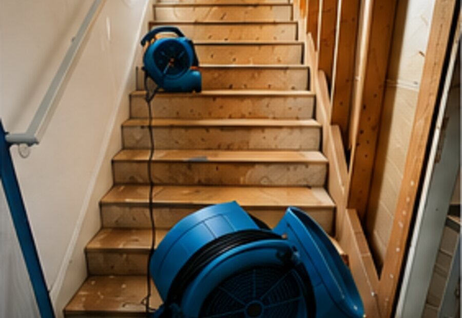 Air movers drying a water-damaged interior
